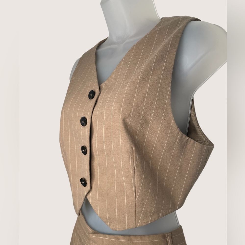💜 Zara Brown & Cream Adjustable Pinstripe Vest | Size: XL - Picture 4 of 7